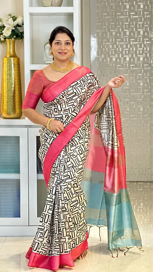 Pink Soft Tussar Silk Saree With Beautiful Print With Attractive Pallu And Contrast Pallu  With Tassal