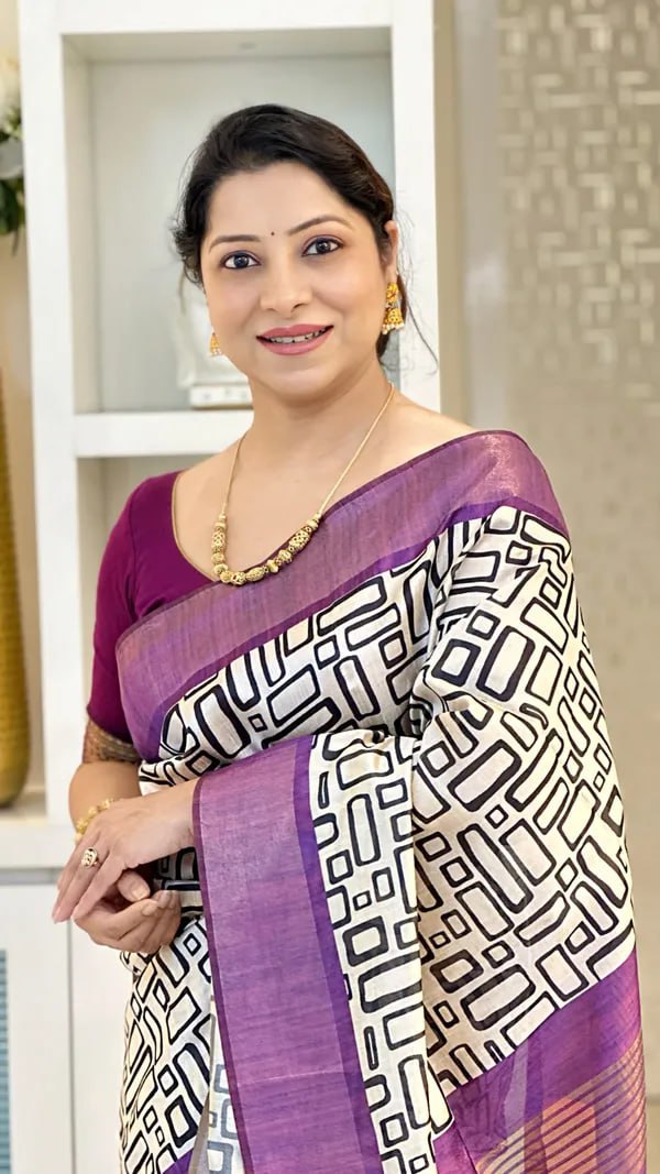 Purple Soft Tussar Silk Saree With Beautiful Print With Attractive Pallu And Contrast Pallu  With Tassal