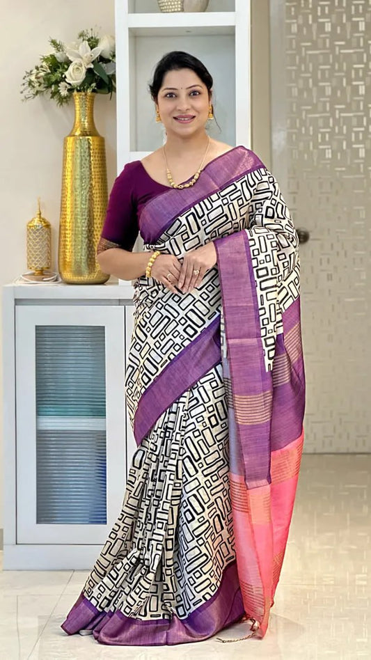 Purple Soft Tussar Silk Saree With Beautiful Print With Attractive Pallu And Contrast Pallu  With Tassal