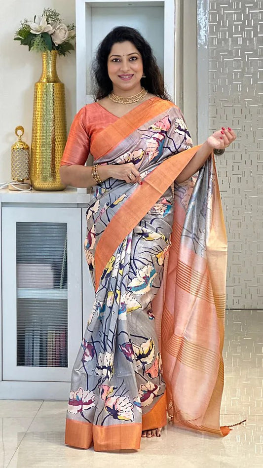 Grey Soft Tussar Silk Saree With Beautiful Print With Attractive Pallu And Contrast Pallu  With Tassal