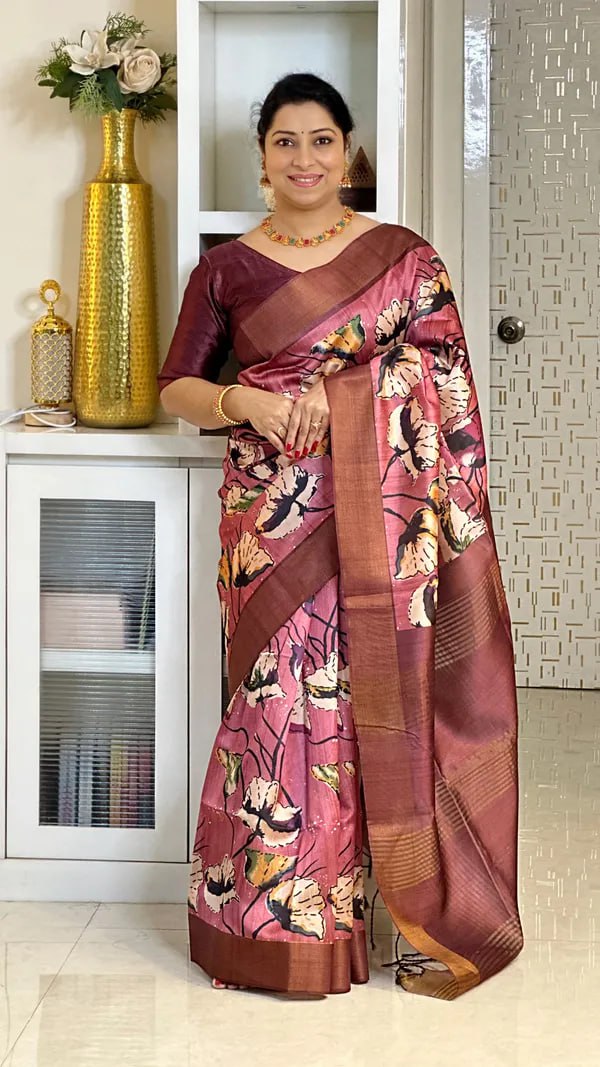 Pink Soft Tussar Silk Saree With Beautiful Print With Attractive Pallu And Contrast Pallu  With Tassal