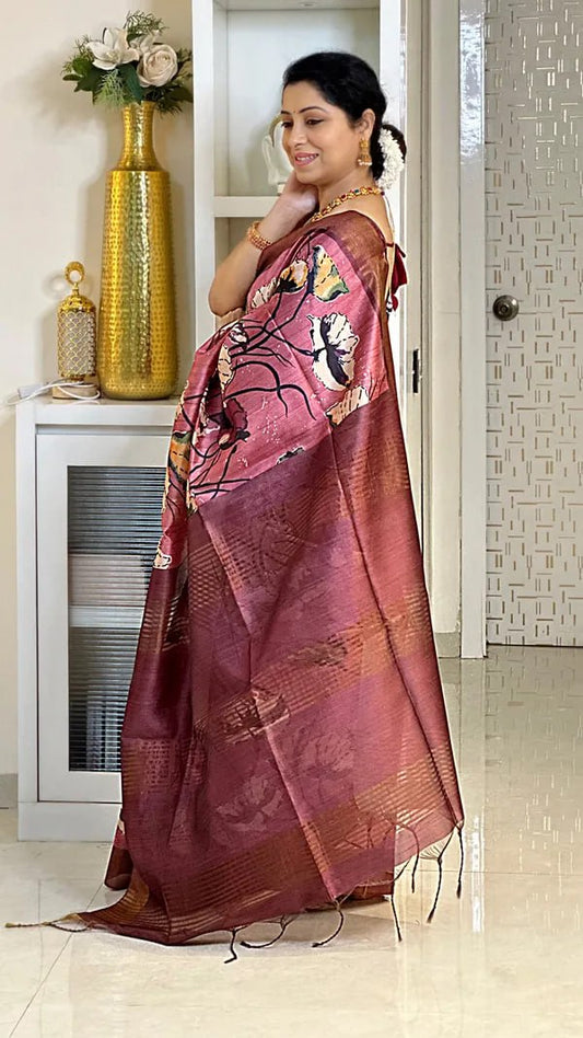 Pink Soft Tussar Silk Saree With Beautiful Print With Attractive Pallu And Contrast Pallu  With Tassal