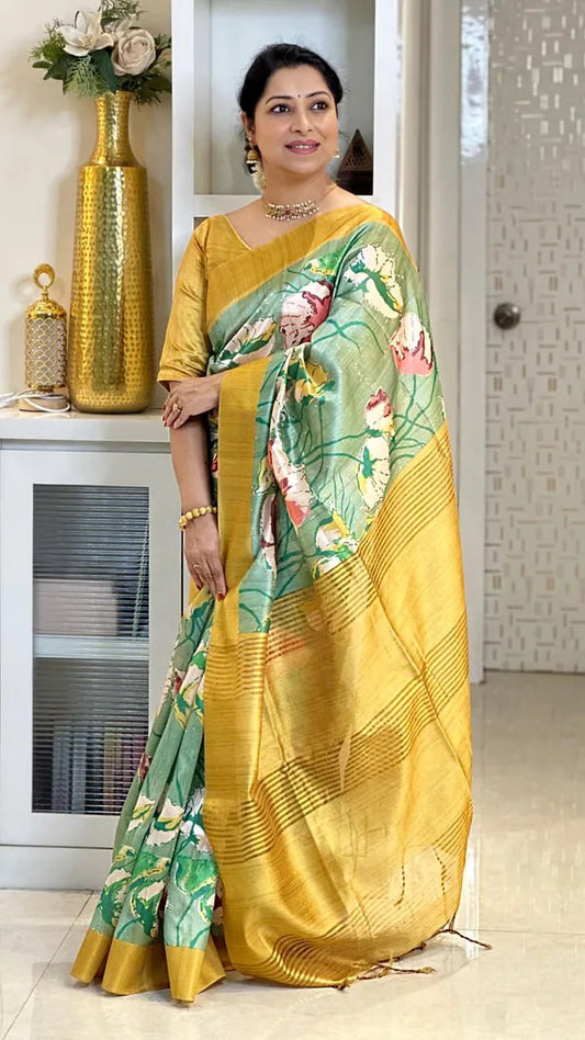Pista  and Yellow Soft Tussar Silk Saree With Beautiful Print With Attractive Pallu And Contrast Pallu  With Tassal