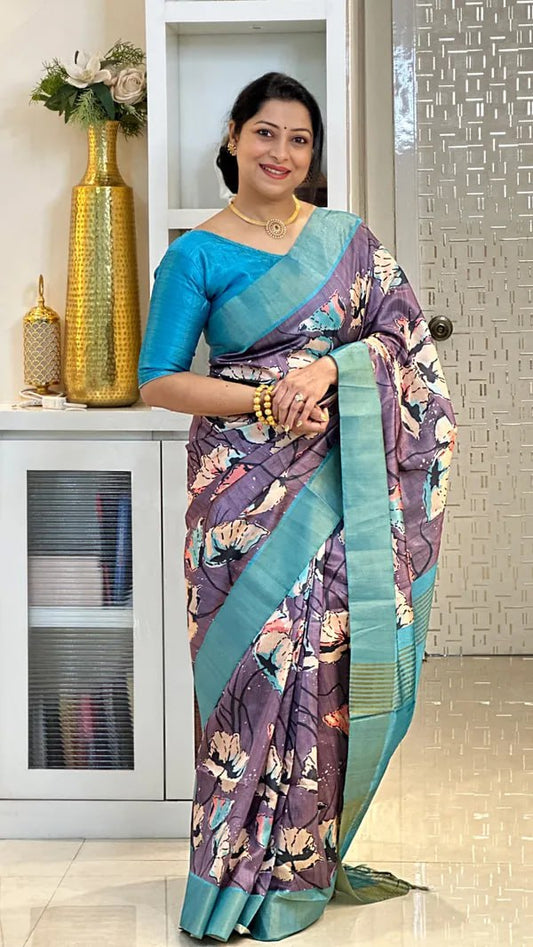 Purple Soft Tussar Silk Saree With Beautiful Print With Attractive Pallu And Contrast Pallu  With Tassal