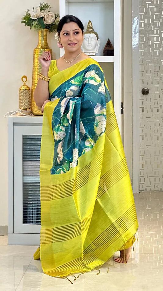 Teal Soft Tussar Silk Saree With Beautiful Print With Attractive Pallu And Contrast Pallu  With Tassal
