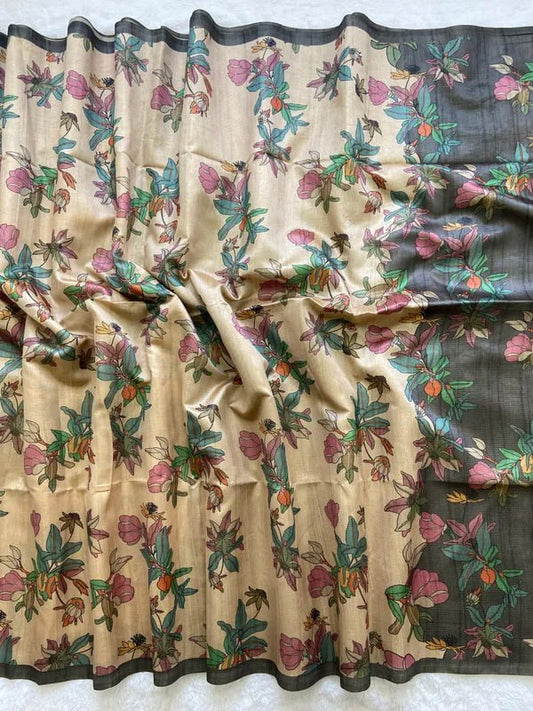 Black Soft Tussar Silk Sarees With Beautiful ¤ϸ� &Nbsp;Print With Attractive Border And Contrast Print Blouse With Tassels In New Styles N New Look ........... Ðÿ‘Œ