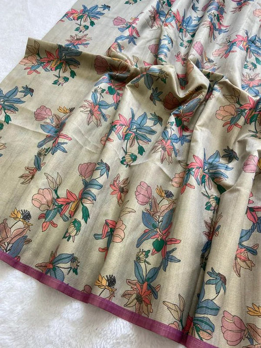 Cream and Pink combination Soft Tussar Silk Saree With Beautiful Print With Attractive Pallu And Contrast Pallu  With Tassal