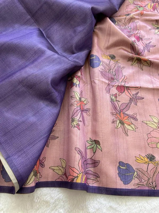 Purple Soft Tussar Silk Saree With Beautiful Print With Attractive Pallu And Contrast Pallu  With Tassal