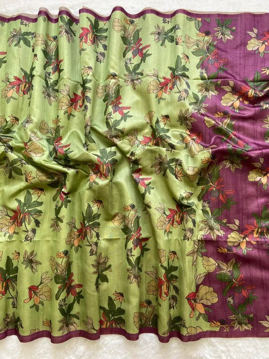 Wine Soft Tussar Silk Saree With Beautiful Print With Attractive Pallu And Contrast Pallu  With Tassal