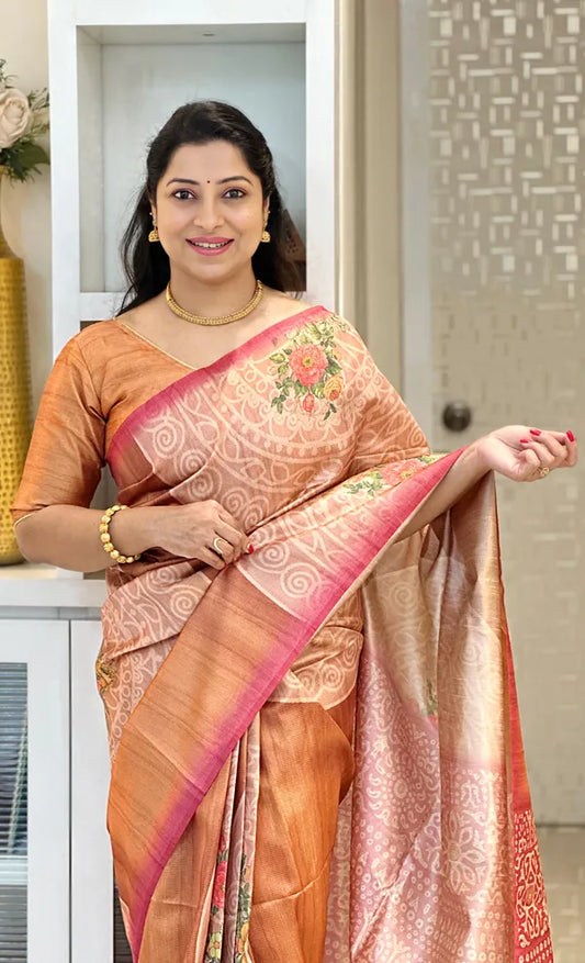 Brown Soft Tussar Silk Saree With Beautiful Print With Attractive Pallu And Contrast Pallu  With Tassal