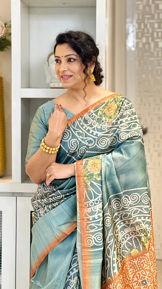 Grey Soft Tussar Silk Saree With Beautiful Print With Attractive Pallu And Contrast Pallu  With Tassal