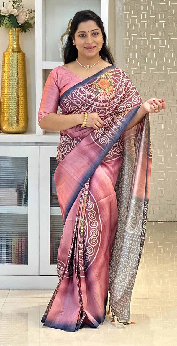 Pink Soft Tussar Silk Saree With Beautiful Print With Attractive Pallu And Contrast Pallu  With Tassal