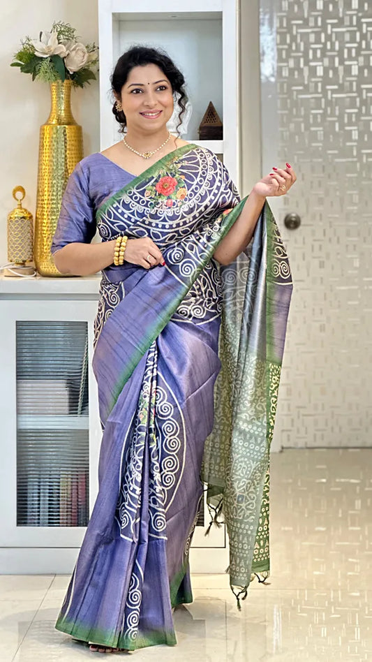 Purple Soft Tussar Silk Saree With Beautiful Print With Attractive Pallu And Contrast Pallu  With Tassal