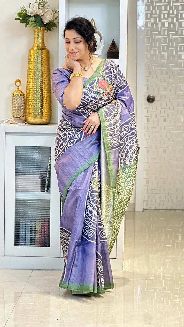 Purple Soft Tussar Silk Saree With Beautiful Print With Attractive Pallu And Contrast Pallu  With Tassal