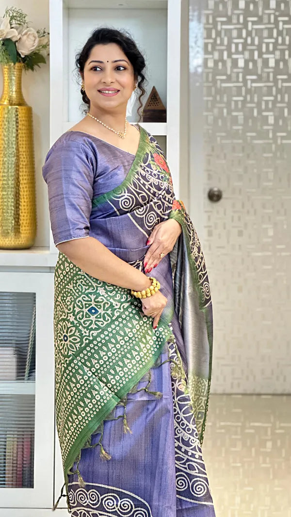 Purple Soft Tussar Silk Saree With Beautiful Print With Attractive Pallu And Contrast Pallu  With Tassal