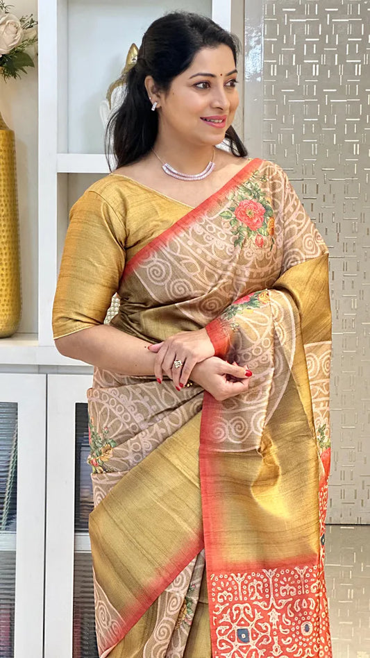 Yellow Soft Tussar Silk Saree With Beautiful Print With Attractive Pallu And Contrast Pallu  With Tassal