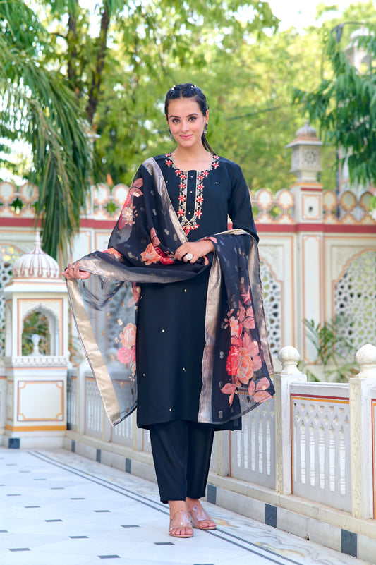 BLACK COTTON EMBROIDERY WORK KURTI PANT WITH FANCY DUPATTA