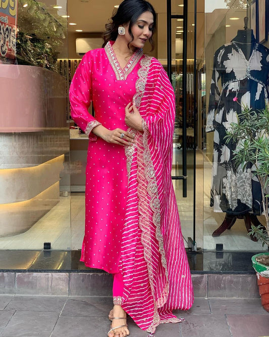 RANI PINK  REYON EMBROIDERY WORK KURTI PANT WITH FANCY DUPATTA