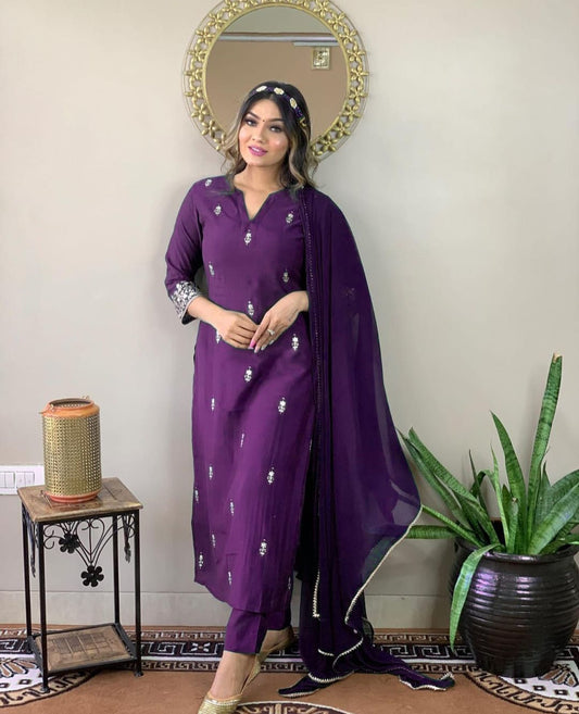 PURPLE  REYON EMBROIDERY WORK KURTI PANT WITH FANCY DUPATTA