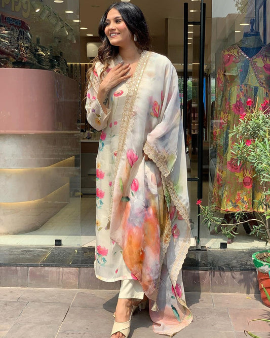 white  REYON EMBROIDERY WORK KURTI PANT WITH FANCY DUPATTA