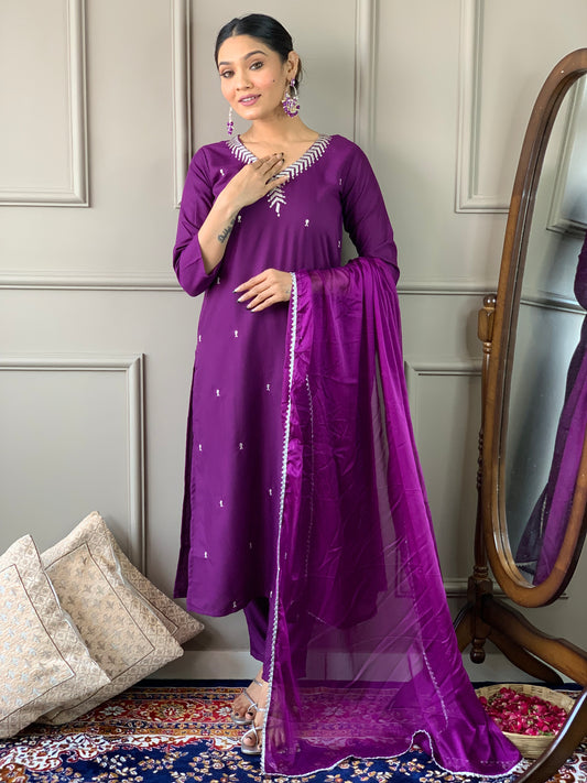 PURPLE REYON EMBROIDERY WORK KURTI PANT WITH FANCY DUPATTA