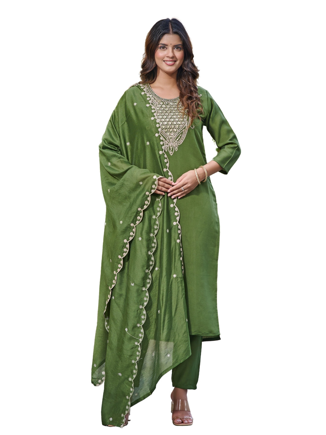 GREEN EMBROIDERY WORK KURTI PANT WITH FANCY DUPATTA