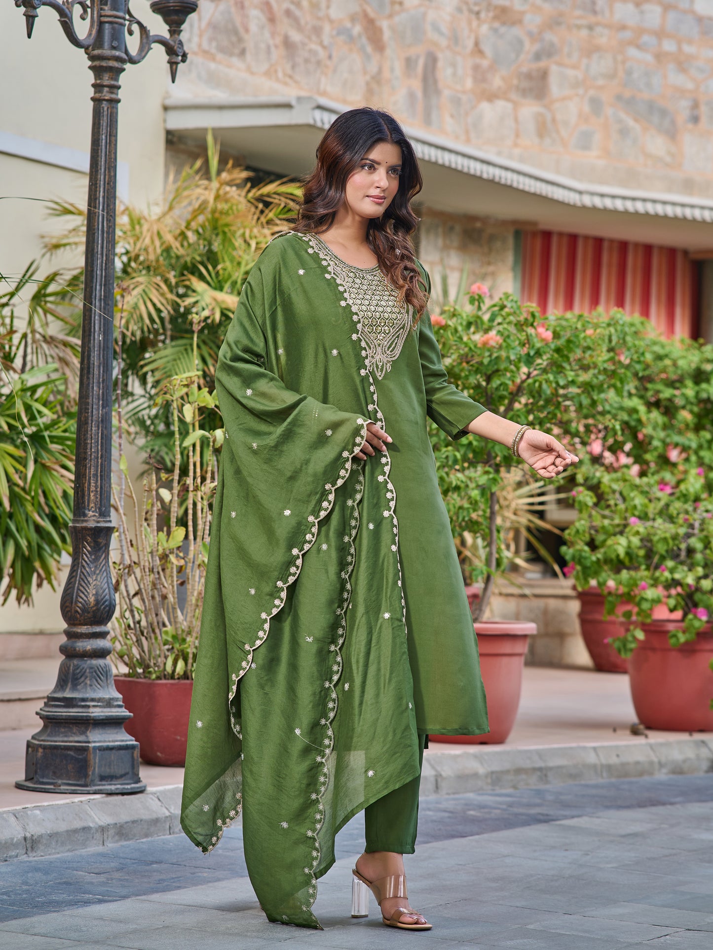 GREEN EMBROIDERY WORK KURTI PANT WITH FANCY DUPATTA