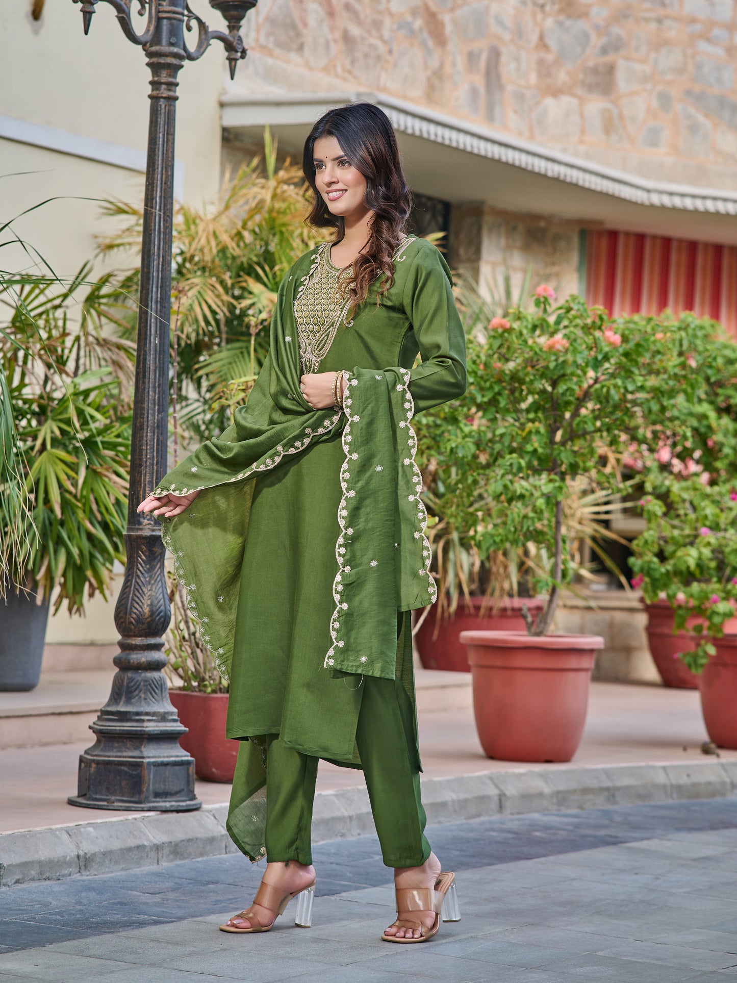 GREEN EMBROIDERY WORK KURTI PANT WITH FANCY DUPATTA