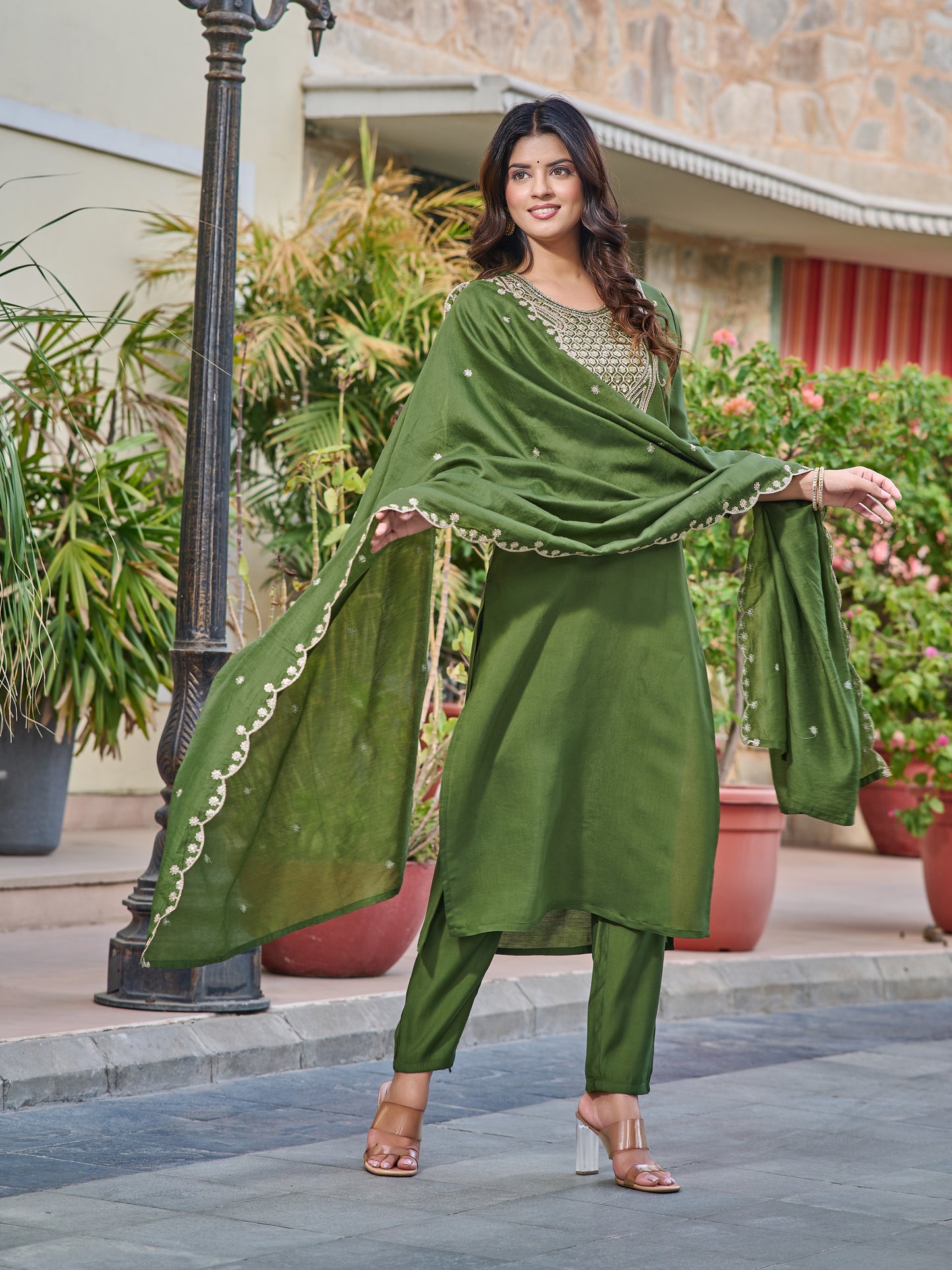 GREEN EMBROIDERY WORK KURTI PANT WITH FANCY DUPATTA