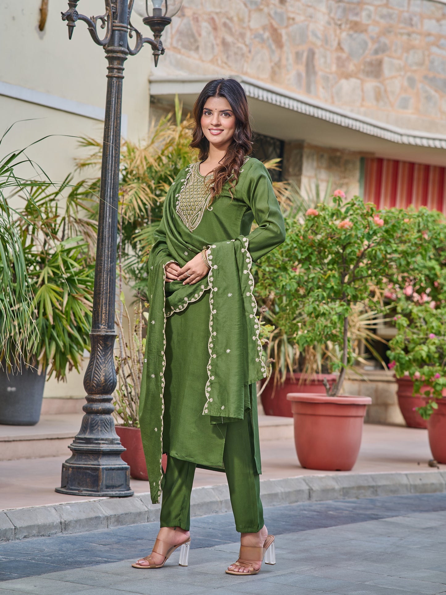 GREEN EMBROIDERY WORK KURTI PANT WITH FANCY DUPATTA