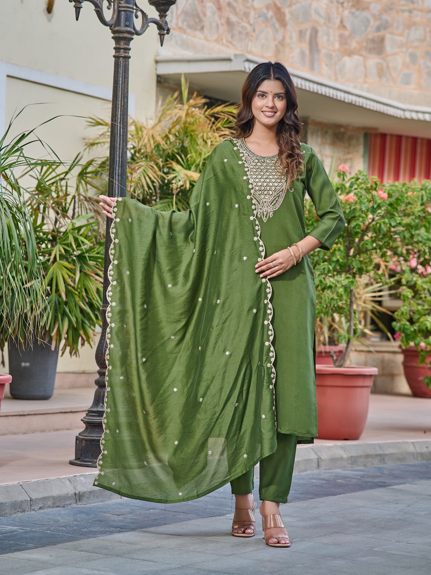 GREEN EMBROIDERY WORK KURTI PANT WITH FANCY DUPATTA