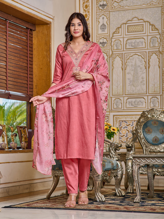 PEACH COTTON EMBROIDERY WORK KURTI PANT WITH FANCY DUPATTA