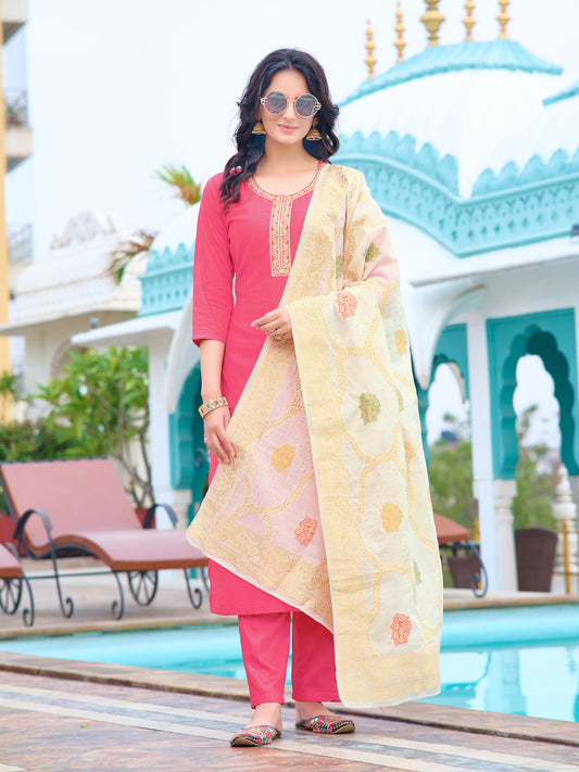 PINK  COTTON EMBROIDERY WORK KURTI PANT WITH FANCY DUPATTA