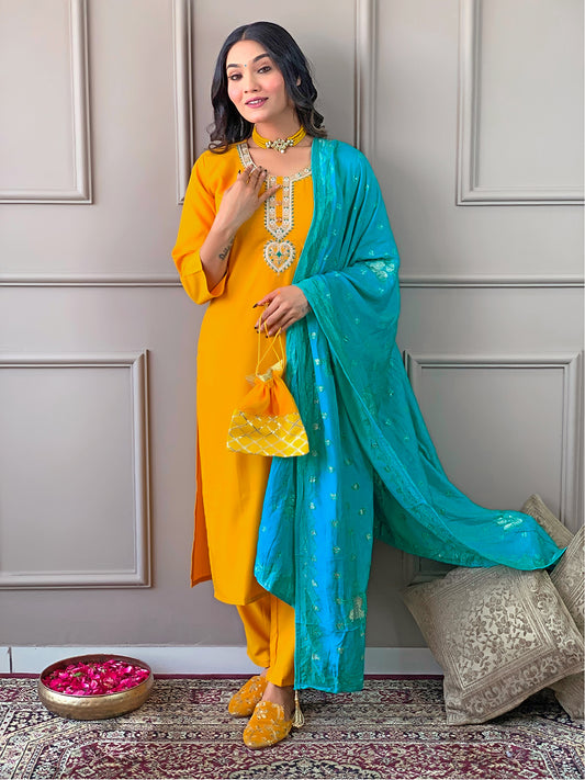 YELLOW REYON EMBROIDERY WORK KURTI PANT WITH FANCY DUPATTA