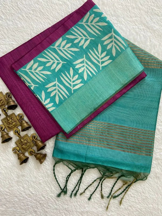 SOFT TUSSAR SILK SAREE WITH BEAUTIFUL PRINT WITH ATTRACTIVE PALLU AND CONTRAST PALLU  WITH TASSAL