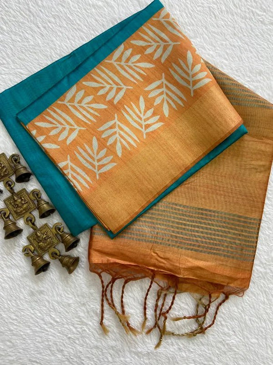 SOFT TUSSAR SILK SAREE WITH BEAUTIFUL PRINT WITH ATTRACTIVE PALLU AND CONTRAST PALLU  WITH TASSAL