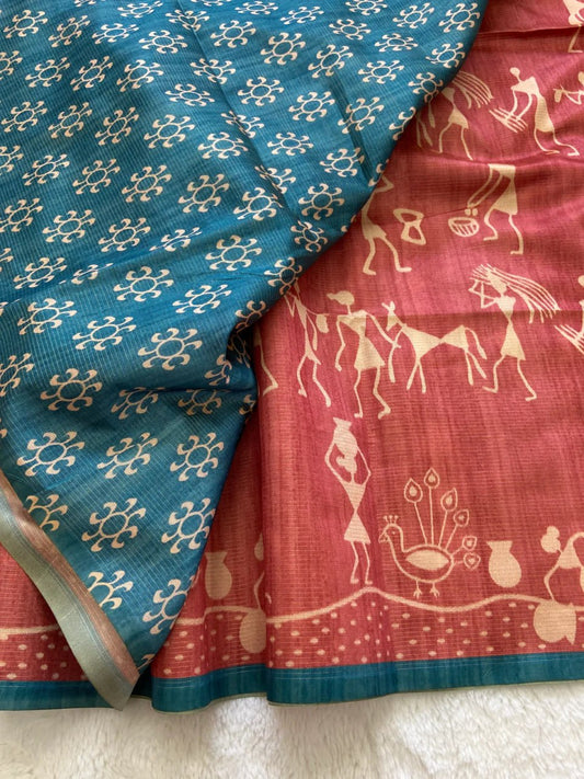 Blue Soft Tussar Silk Saree With Beautiful Print With Attractive Pallu And Contrast Pallu  With Tassal