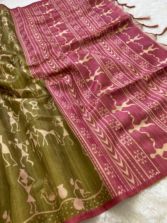 Mehndi Soft Tussar Silk Saree With Beautiful Print With Attractive Pallu And Contrast Pallu  With Tassal