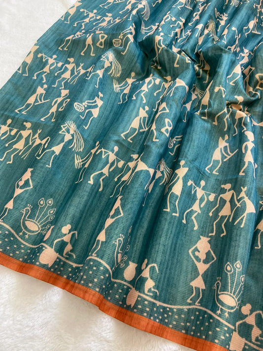 Orange Soft Tussar Silk Saree With Beautiful Print With Attractive Pallu And Contrast Pallu  With Tassal