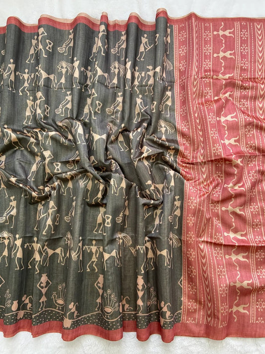 Red Soft Tussar Silk Saree With Beautiful Print With Attractive Pallu And Contrast Pallu  With Tassal