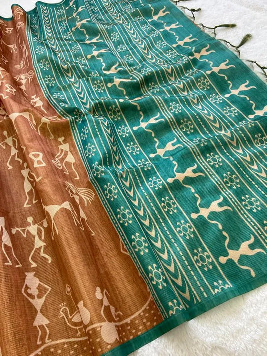 Teal Soft Tussar Silk Saree With Beautiful Print With Attractive Pallu And Contrast Pallu  With Tassal