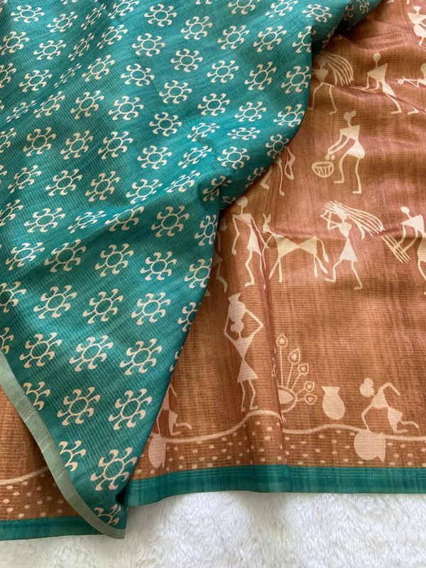 Teal Soft Tussar Silk Saree With Beautiful Print With Attractive Pallu And Contrast Pallu  With Tassal
