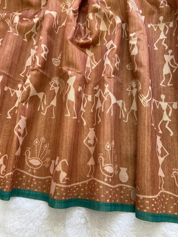 Teal Soft Tussar Silk Saree With Beautiful Print With Attractive Pallu And Contrast Pallu  With Tassal
