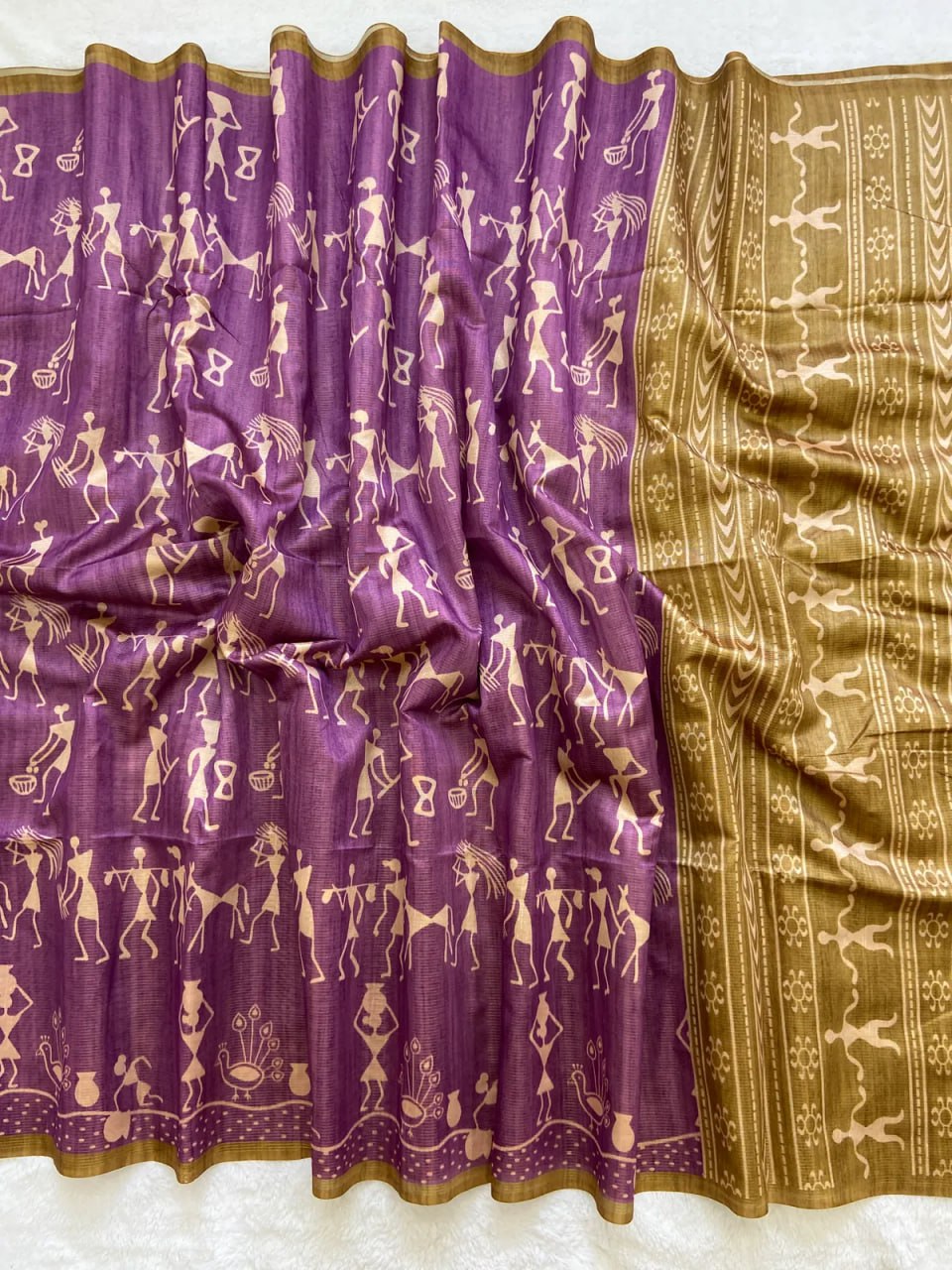 Yellow Soft Tussar Silk Saree With Beautiful Print With Attractive Pallu And Contrast Pallu  With Tassal