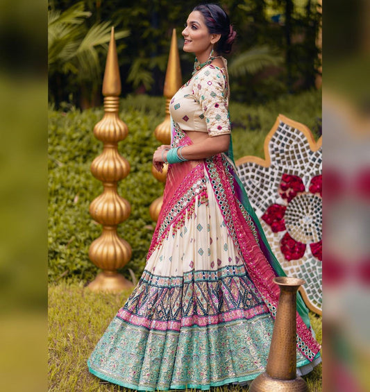 Pista White Color Lehengha Choli With Heavy Mirror Work And Dupatta