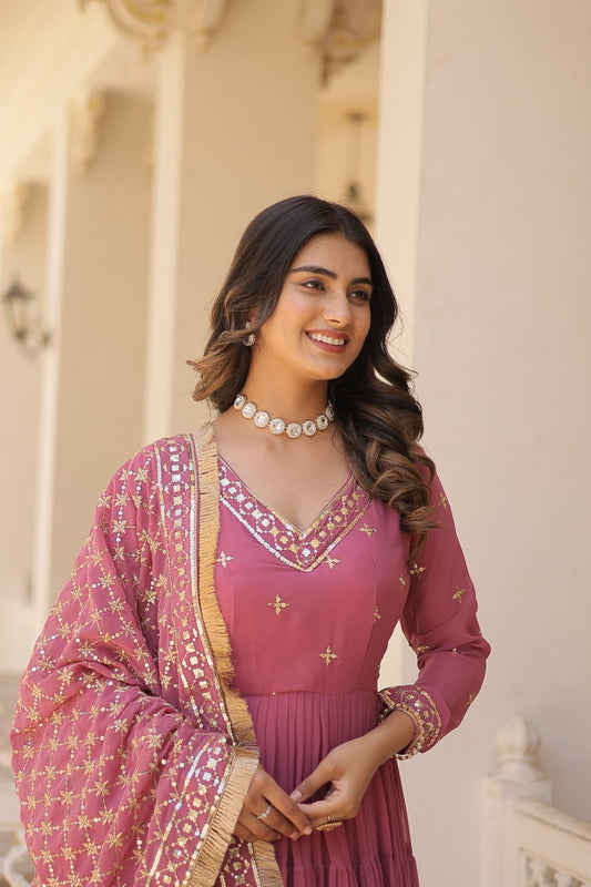 Designer Festive Wear Gown featuring Attractive Sequins Embroidery Work  Gown With Dupatta