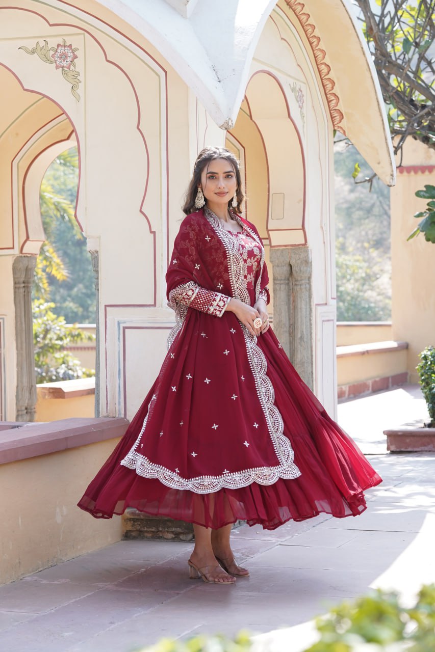 GOWN-DUPATTA COLLECTIONS Viscose Dyable Jacquard With Sequins Embroidered Work Faux Blooming Dupatta