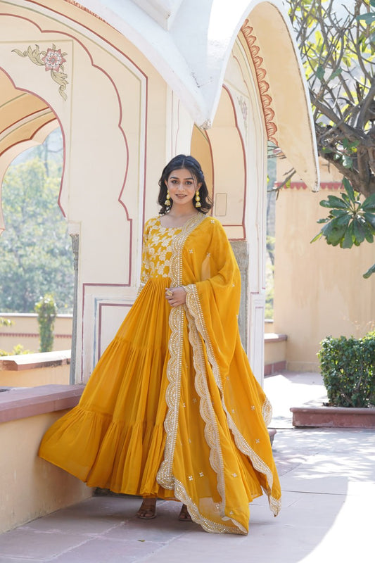 GOWN-DUPATTA COLLECTIONS Viscose Dyable Jacquard With Sequins Embroidered Work Faux Blooming Dupatta