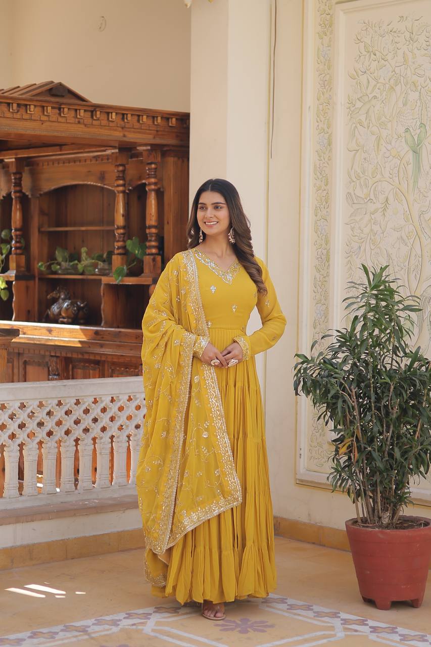 Unique Coloured Faux Georgette with Embroidered work GOWN-WITH-DUPATTA