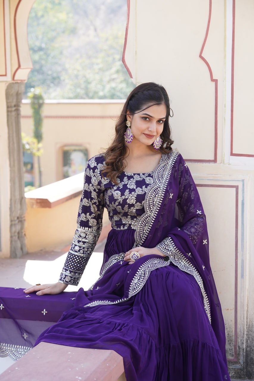 GOWN-DUPATTA COLLECTIONS Viscose Dyable Jacquard With Sequins Embroidered Work Faux Blooming Dupatta